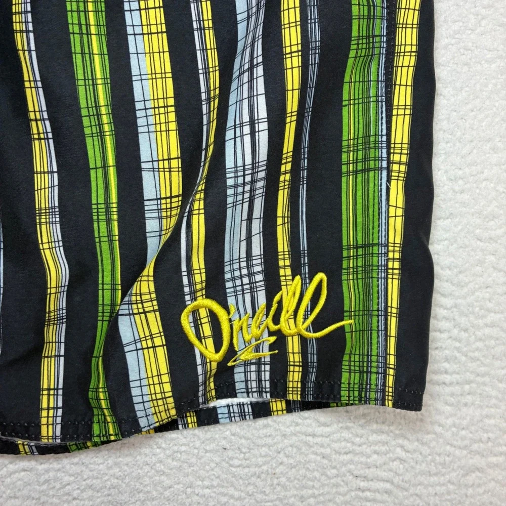 O'Neill Board Shorts Men 32x10 Black Green Striped Surf Swim Trunks Drawstring